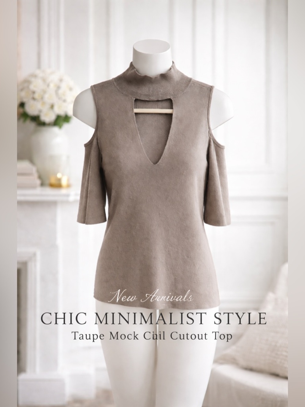 Express Taupe Mock Neck Cutout Top | Cold Shoulder Knit | Chic Minimalist Size S